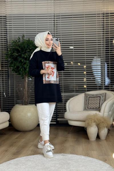 2932 Ön Pano Desen Parçalı Tunik Siyah