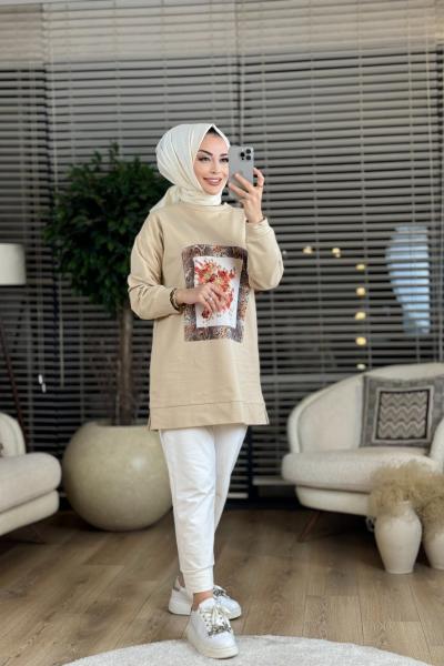 2932 Ön Pano Desen Parçalı Tunik Bej