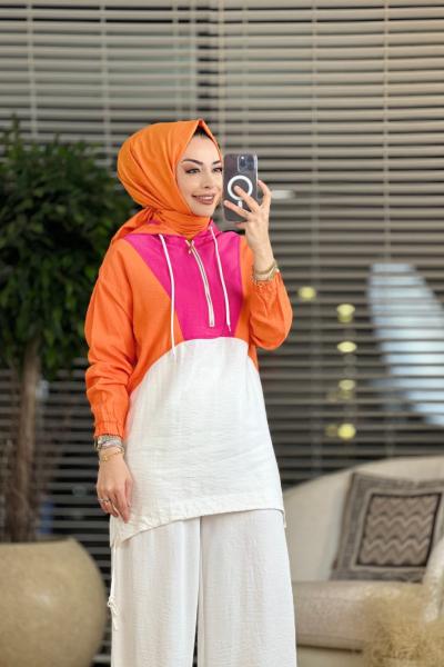 2936 Renkli Pat Fermuarlı Kapşonlu Tunik Fuşya Oranj
