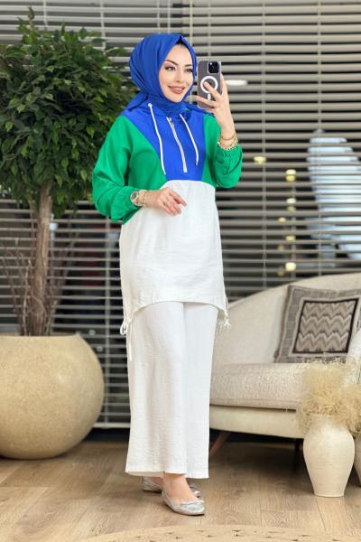 2936 Renkli Pat Fermuarlı Kapşonlu Tunik Saks Benetton