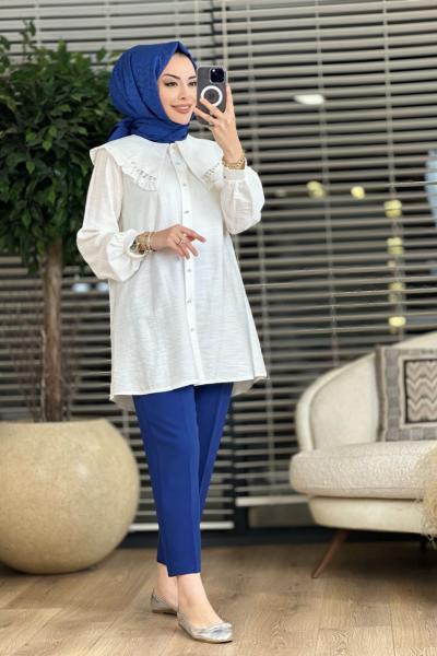 2940 Geniş Yaka Yaka Kenarı Taş İşlemeli Gömlek Ekru