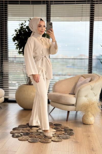 2950 Dalga Nakışlı Kimono Takım Bej