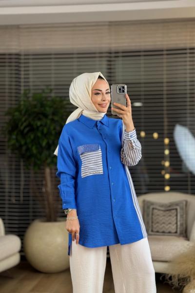 2953 Sağ Kol Ve Cebi Çizgili Gömlek İndigo