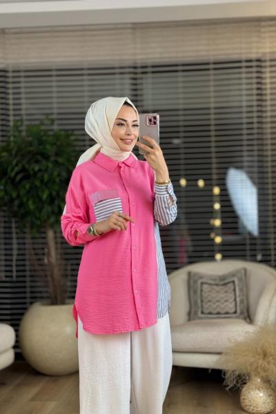 2953 Sağ Kol Ve Cebi Çizgili Gömlek Pembe