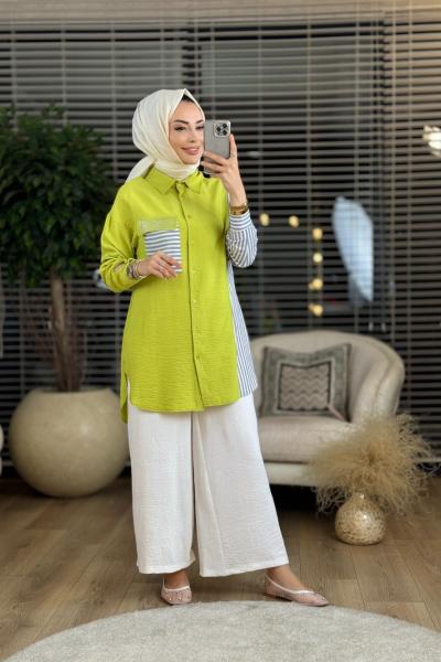 2953 Sağ Kol Ve Cebi Çizgili Gömlek Yağ Yeşili
