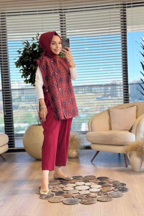 2954 Etnik Desenli Yelek Kırmızı