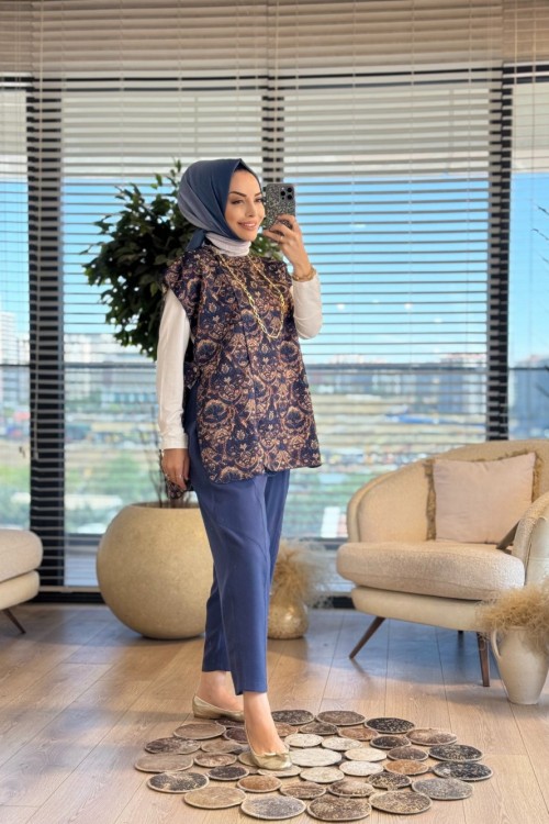 2954 Etnik Desenli Yelek Lacivert
