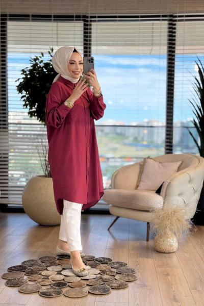 2958 Cep Detaylı Midi Boy Gömlek Bordo