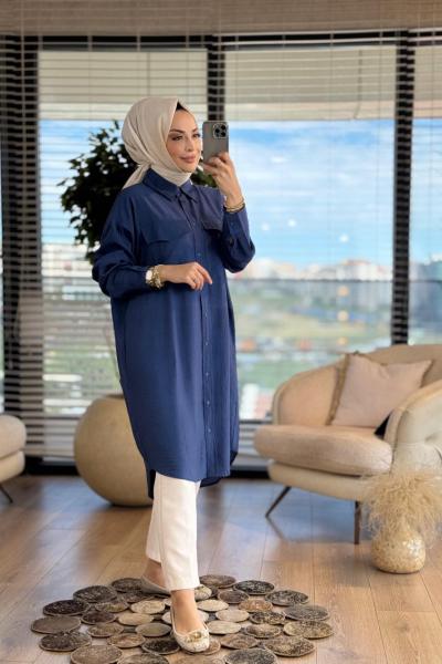 2958 Cep Detaylı Midi Boy Gömlek Lacivert