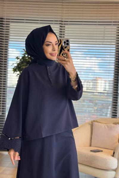 2973 Nakış Detaylı Etekli Takım Lacivert