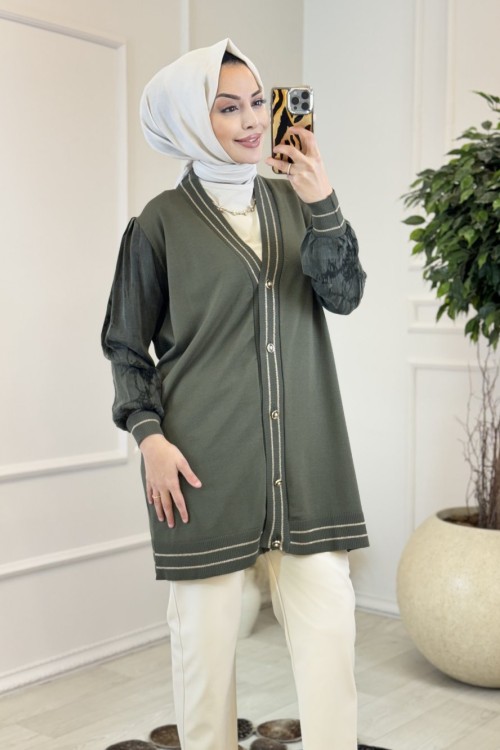 298 Simli Kolları Desenli Hırka Haki