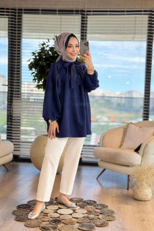 2989 Yakası Bağlama Detaylı Gömlek Lacivert
