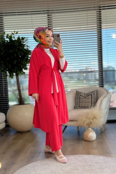 29910 Kemerli Şal Yaka Ceket Takım Kırmızı