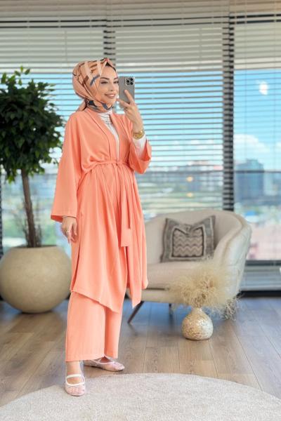 29910 Kemerli Şal Yaka Ceket Takım Şeftali