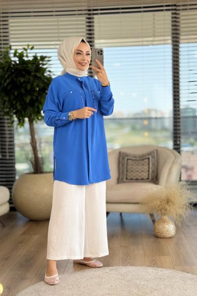 2992 Cep Kenarı Taş İşli Tunik İndigo