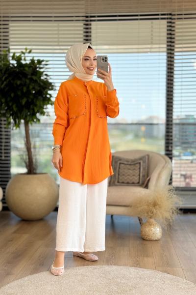 2992 Cep Kenarı Taş İşli Tunik Oranj