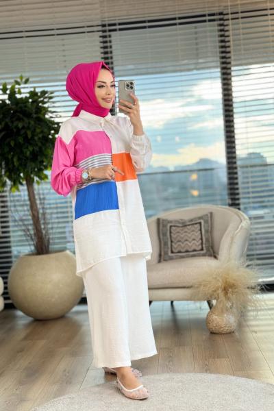 2993 Önü Renkli Parçalı Tunik Ekru Fuşya