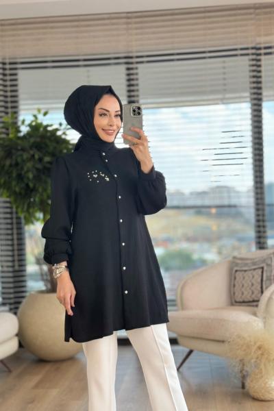 2995 Gofre Sol Göğsü Taş İşlemeli Tunik Siyah