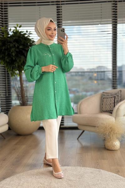 2995 Gofre Sol Göğsü Taş İşlemeli Tunik Yeşil