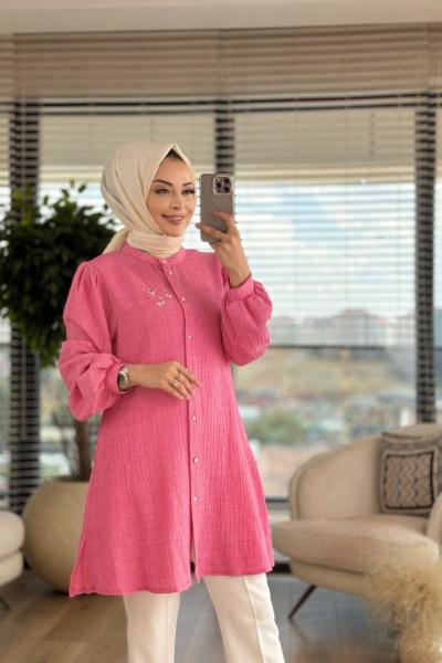2995 Gofre Sol Göğsü Taş İşlemeli Tunik Fuşya