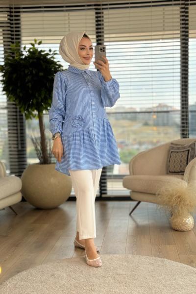 2999 Çizgili Çiçek Detaylı Tunik Mavi