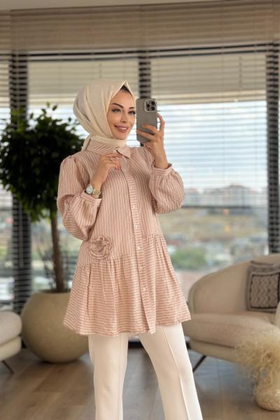 2999 Çizgili Çiçek Detaylı Tunik Kahve