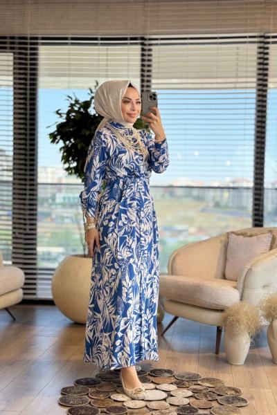 3002 Yaprak Desenli Önden Düğmeli Elbise Lacivert