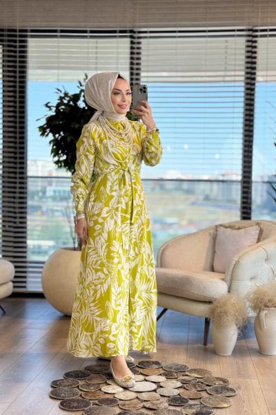 3002 Yaprak Desenli Önden Düğmeli Elbise Yağ Yeşili