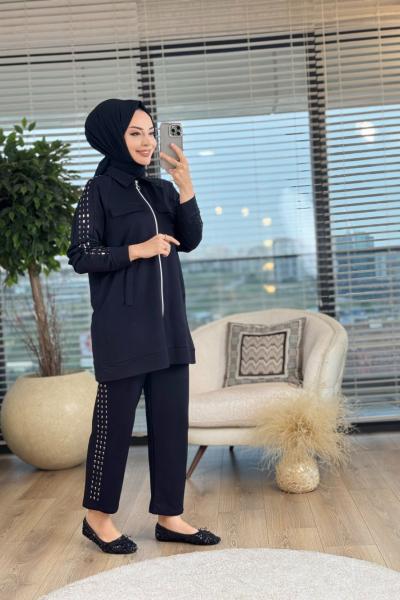 3003 Kol Ve Pantolon Yanı Zımba Detaylı Takım Siyah