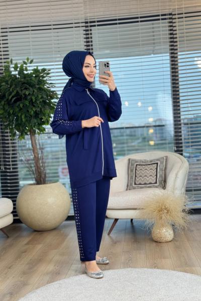 3003 Kol Ve Pantolon Yanı Zımba Detaylı Takım Lacivert