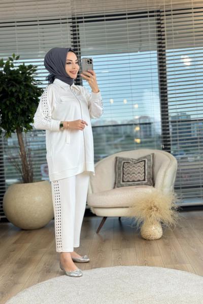 3003 Kol Ve Pantolon Yanı Zımba Detaylı Takım Ekru
