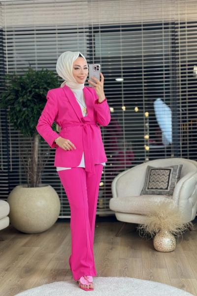 30047 Beli Bağlamalı Ceketli Takım Fuşya