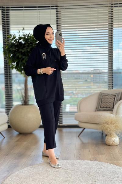 3006 Önü Kare Desenli Kapşonlu Takım Siyah