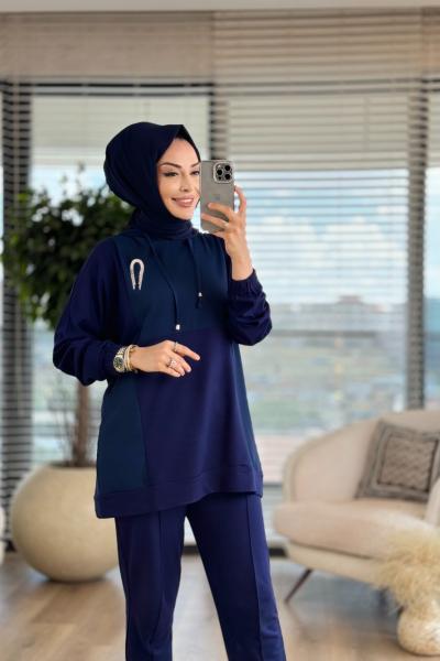 3006 Önü Kare Desenli Kapşonlu Takım Lacivert