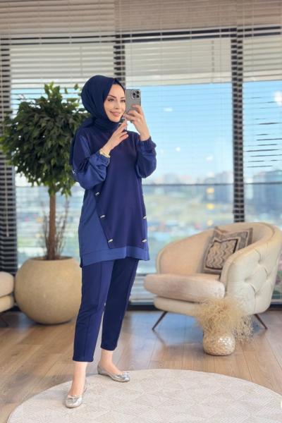 3009 Yandan Düğme detaylı Takım Lacivert