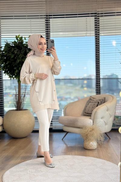 3009 Yandan Düğme detaylı Takım Bej