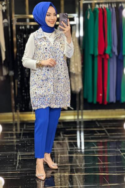 30115 Şifon Üstü Desen Ön İki Cepli Yelek Mavi