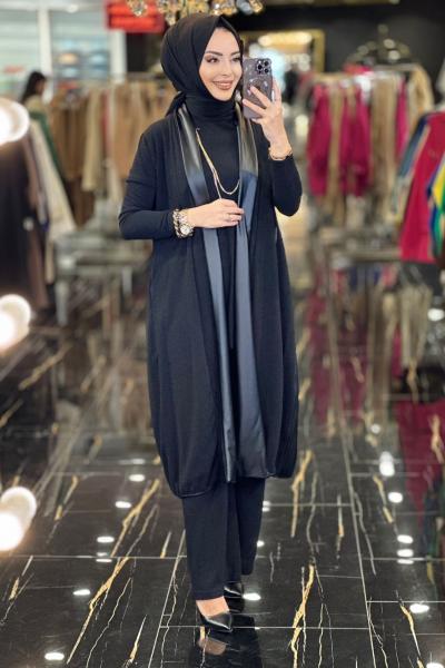 3015 Arkası Deri Pilise 3lü Takım Siyah