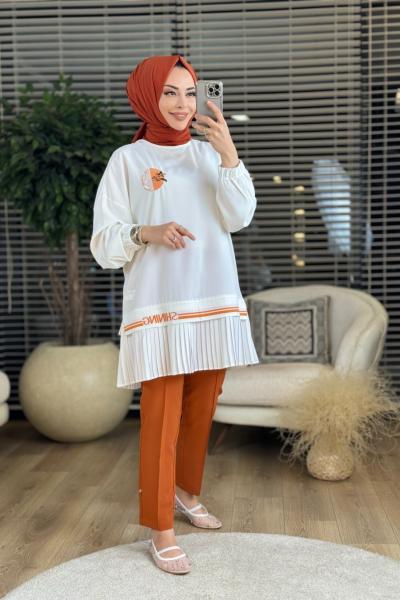 30156 Pilise Garni Nakışlı Tunik Ekru