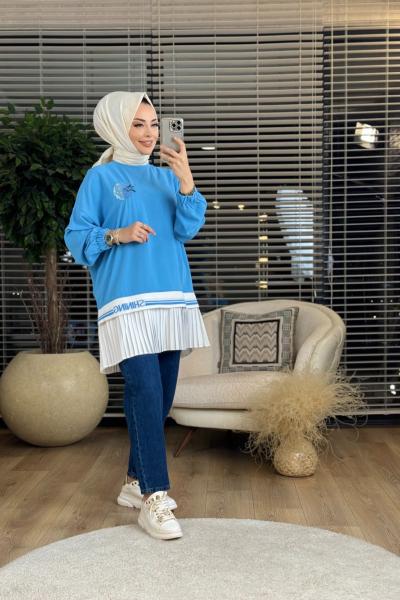 30156 Pilise Garni Nakışlı Tunik Mavi