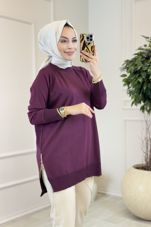 302 Yanları Fermuarlı Triko Tunik Mürdüm