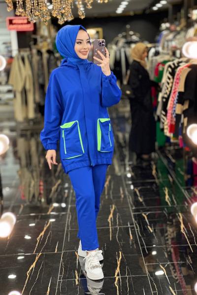 30209 Ön Cep Fermuar Ve Kapşonlu Takım Saks