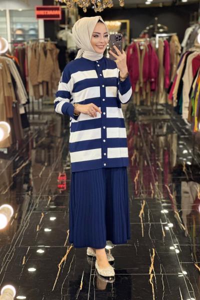 3022 Üst Çizgi Alt Bürümcük Etek Triko Takım Lacivert