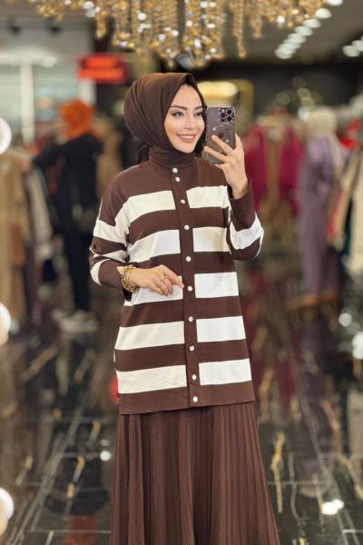 3022 Üst Çizgi Alt Bürümcük Etek Triko Takım Kahve