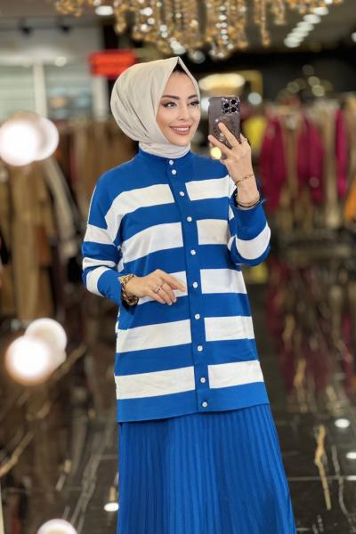 3022 Üst Çizgi Alt Bürümcük Etek Triko Takım Saks