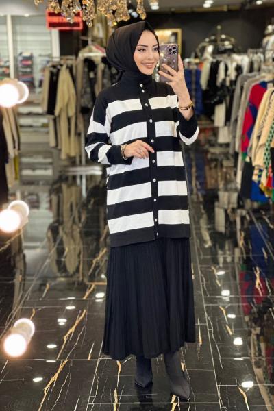 3022 Üst Çizgi Alt Bürümcük Etek Triko Takım Siyah