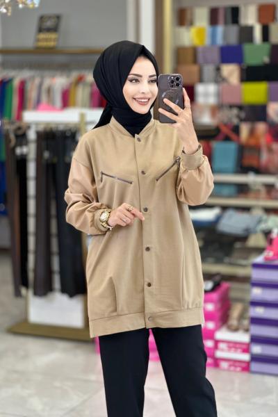 30235 Kolları Deri Önü Çıtçıtlı Hırka Bej