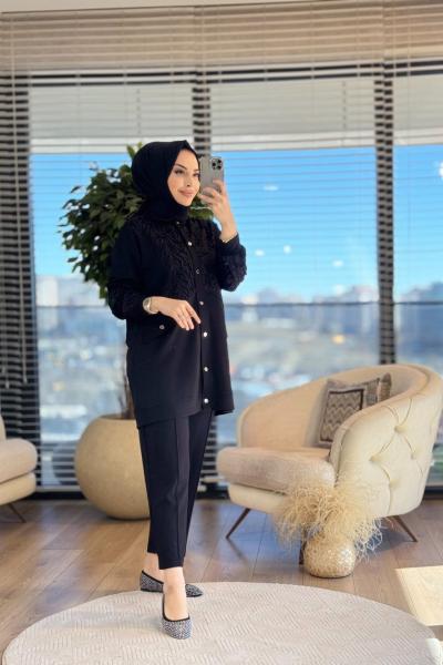 3028 Ön Ve Kolu Tül Üstü Saçaklı Takım Siyah