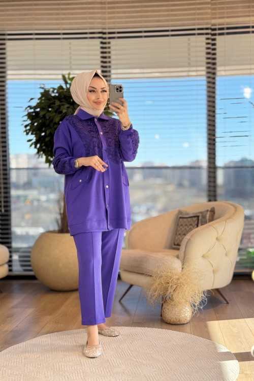 3028 Ön Ve Kolu Tül Üstü Saçaklı Takım Mor