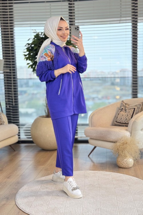 3030 Omuz Desen Ve Saçak Detaylı Takım Mor